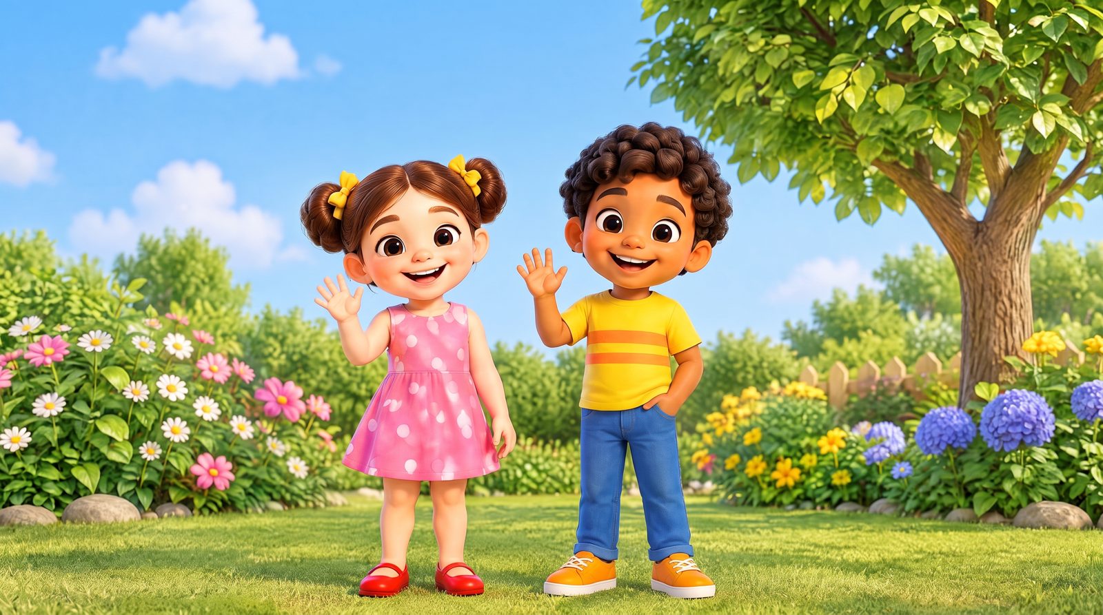 Lara und Yosef stehen im Garten auf der Wiese und winken: links Lara im rosa Kleid, rechts Yosef im gelben T-Shirt, hinten Blumen und ein Baum.